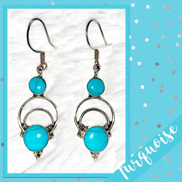 Turquoise Sterling Silver Dangle Earrings, HOB Mexico 925 (Turquoise Blue) - Picture 1 of 7